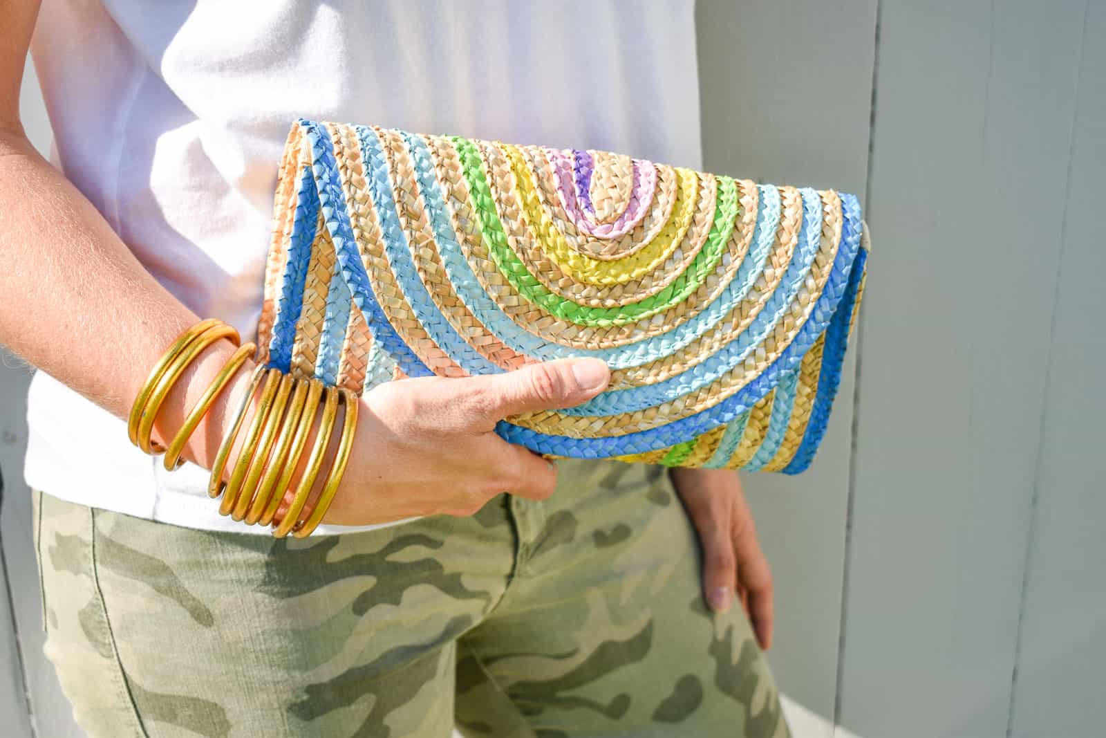 painted rainbow straw clutch