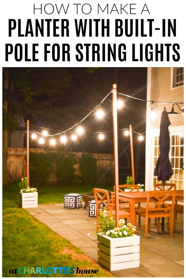 diy wooden planter with build in pole for string lights