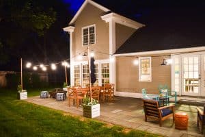 wooden planters with built in pole for patio string lights