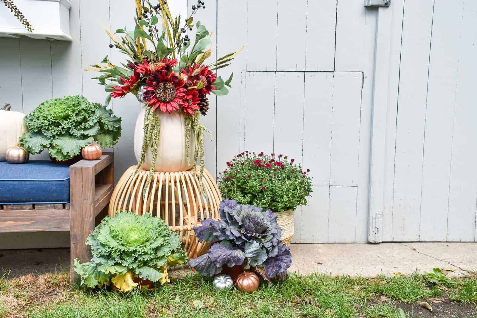 mums and cabbages around fall arrangement