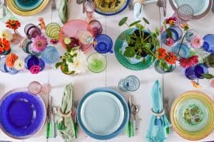 Colorful glass table setting