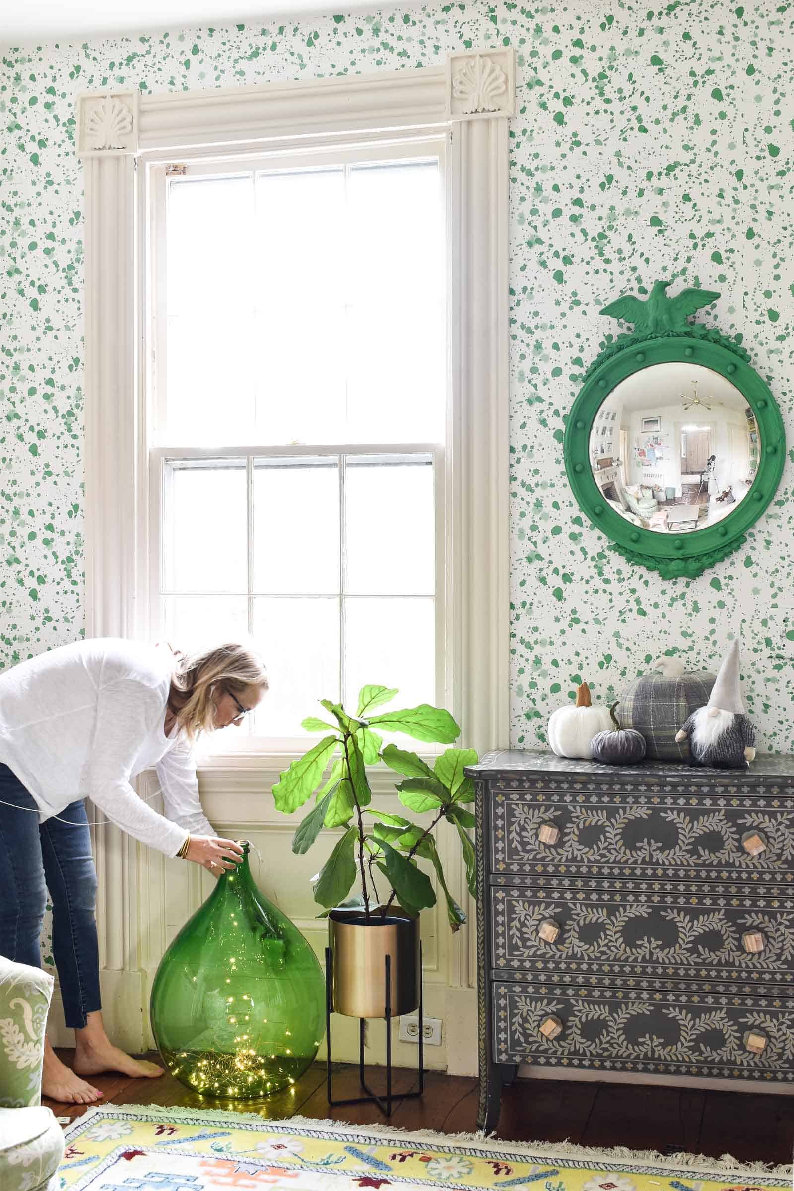 brass planter in playroom