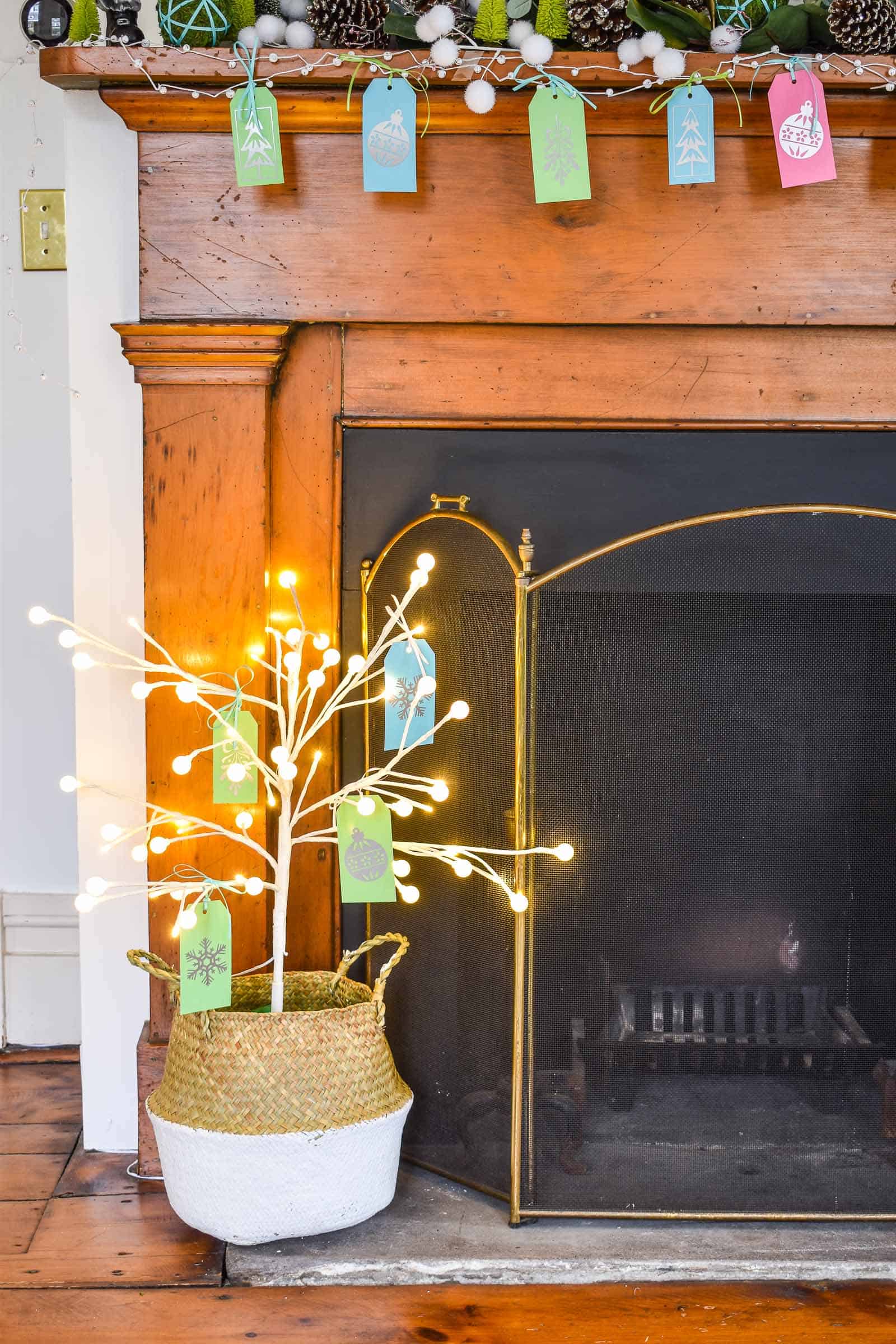 LED tree at the base of the mantel