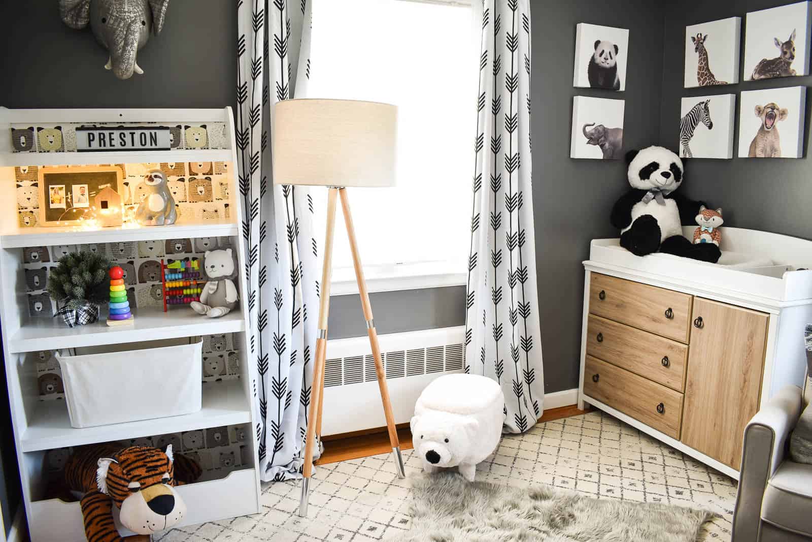 black geometric curtains in nursery