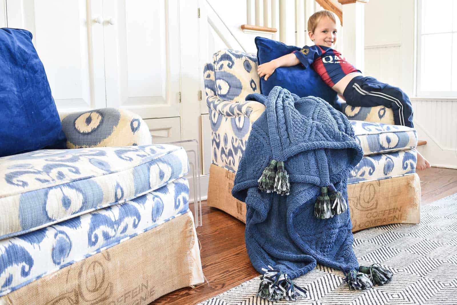 plaid tassel sewn onto a blanket