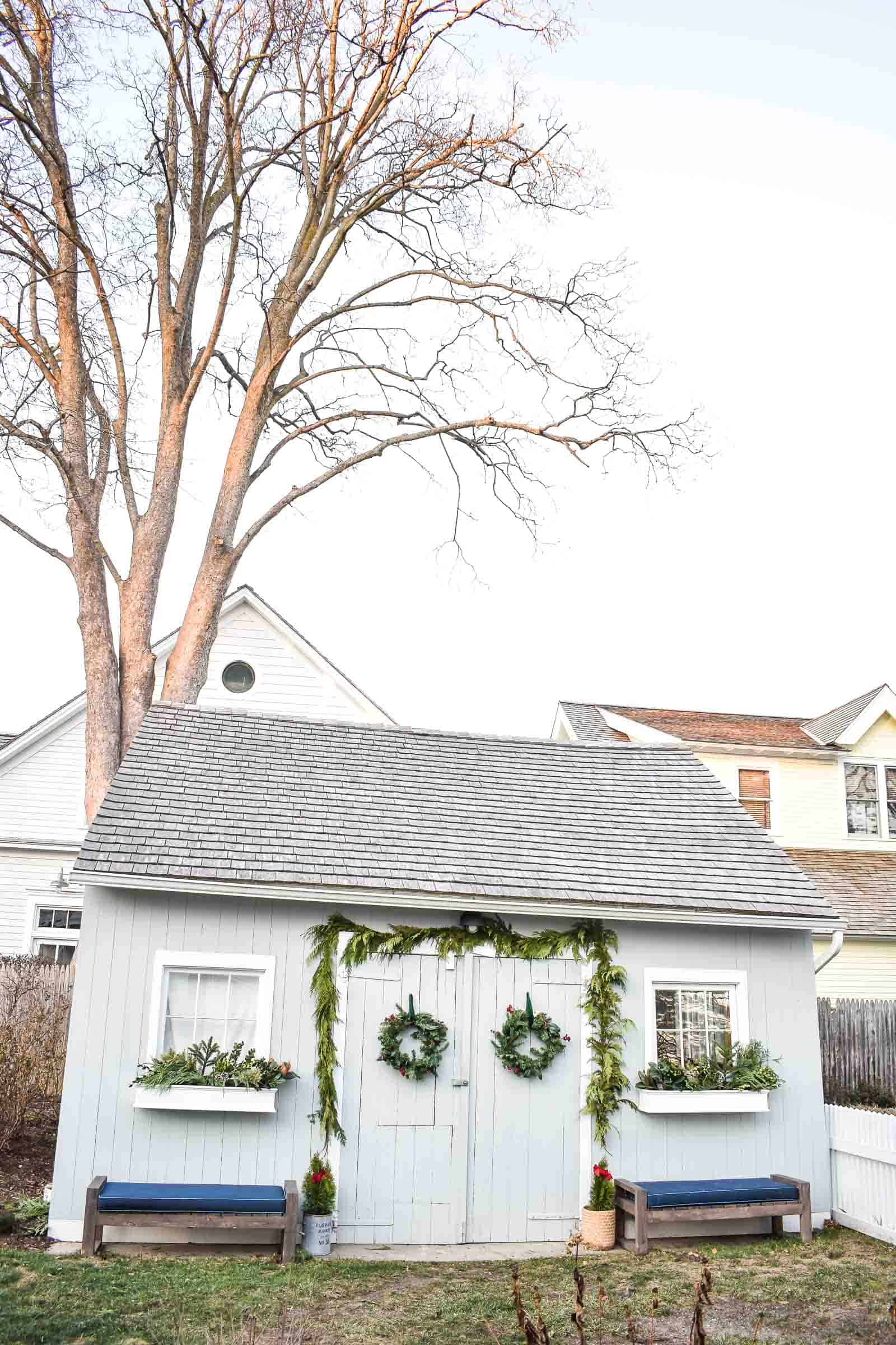 christmas decorations on backyard shed