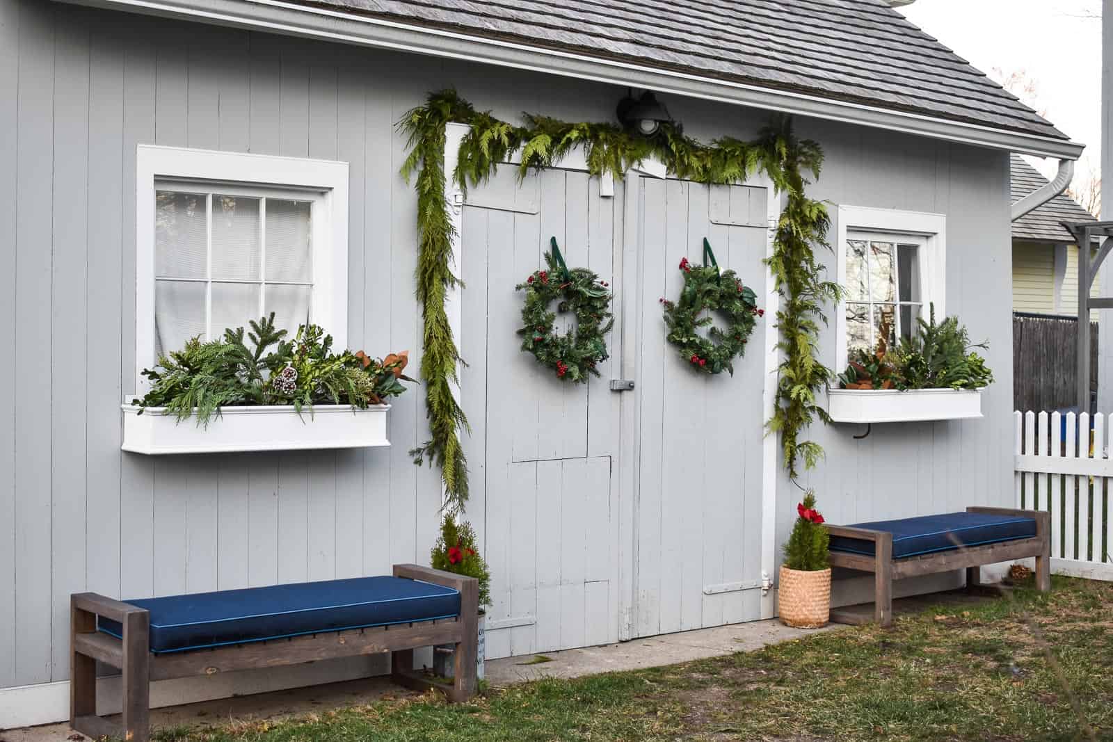 greenery on backyard shed for christmas