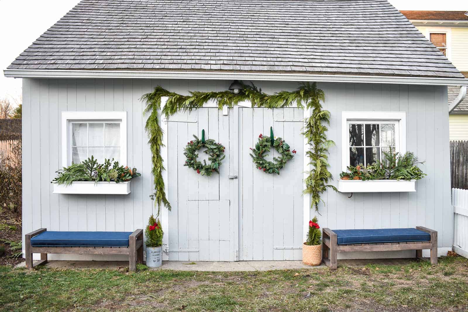 christmas decorations on backyard shed