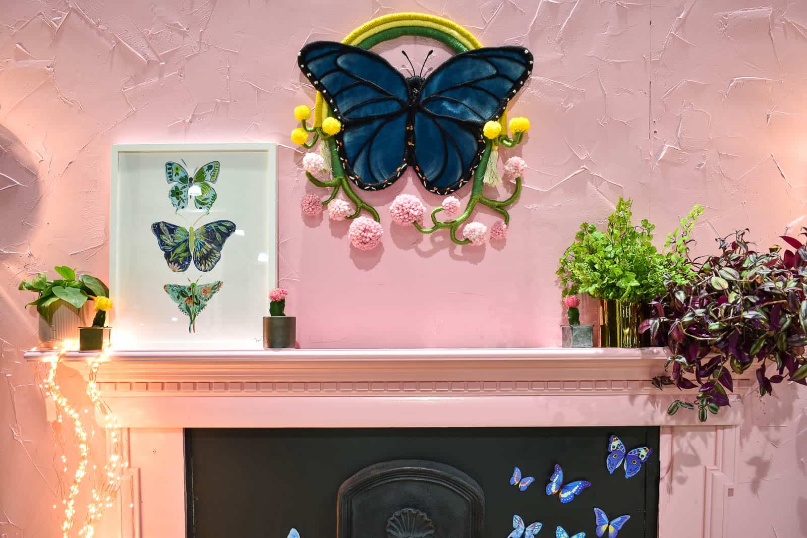 fiber art butterfly over the mantel