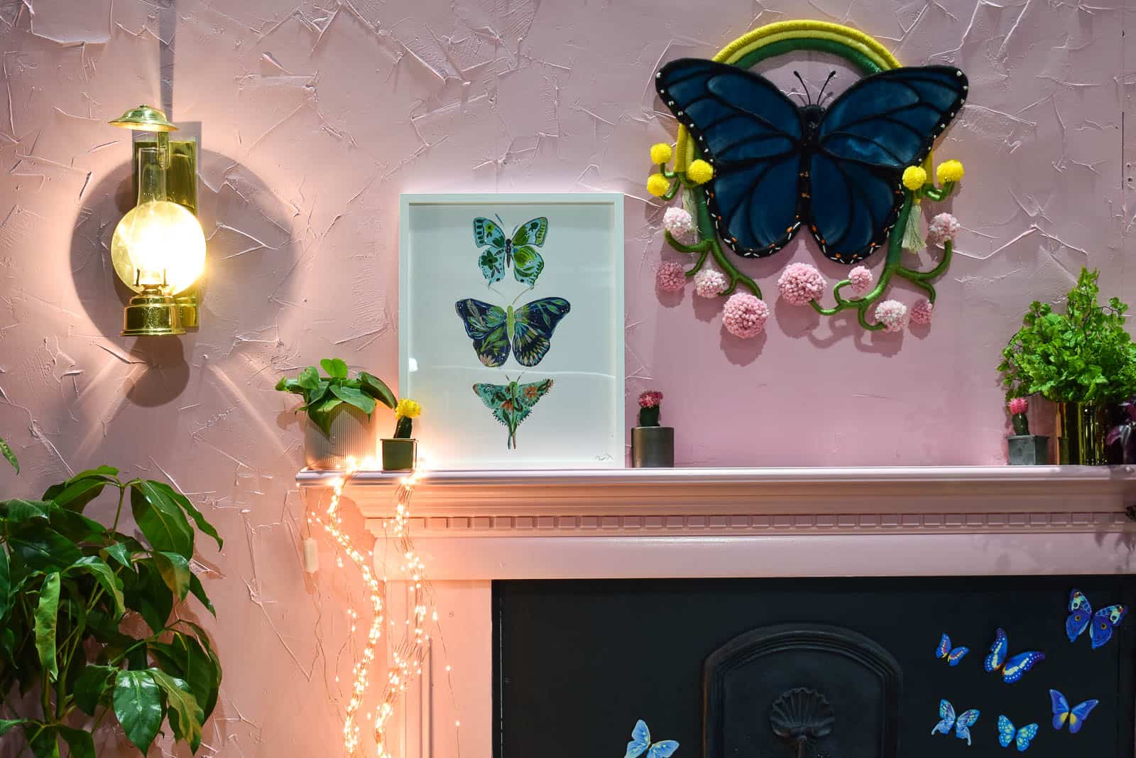 fiber art butterfly over the mantel