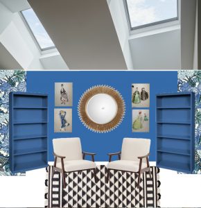 blue room with skylights overhead