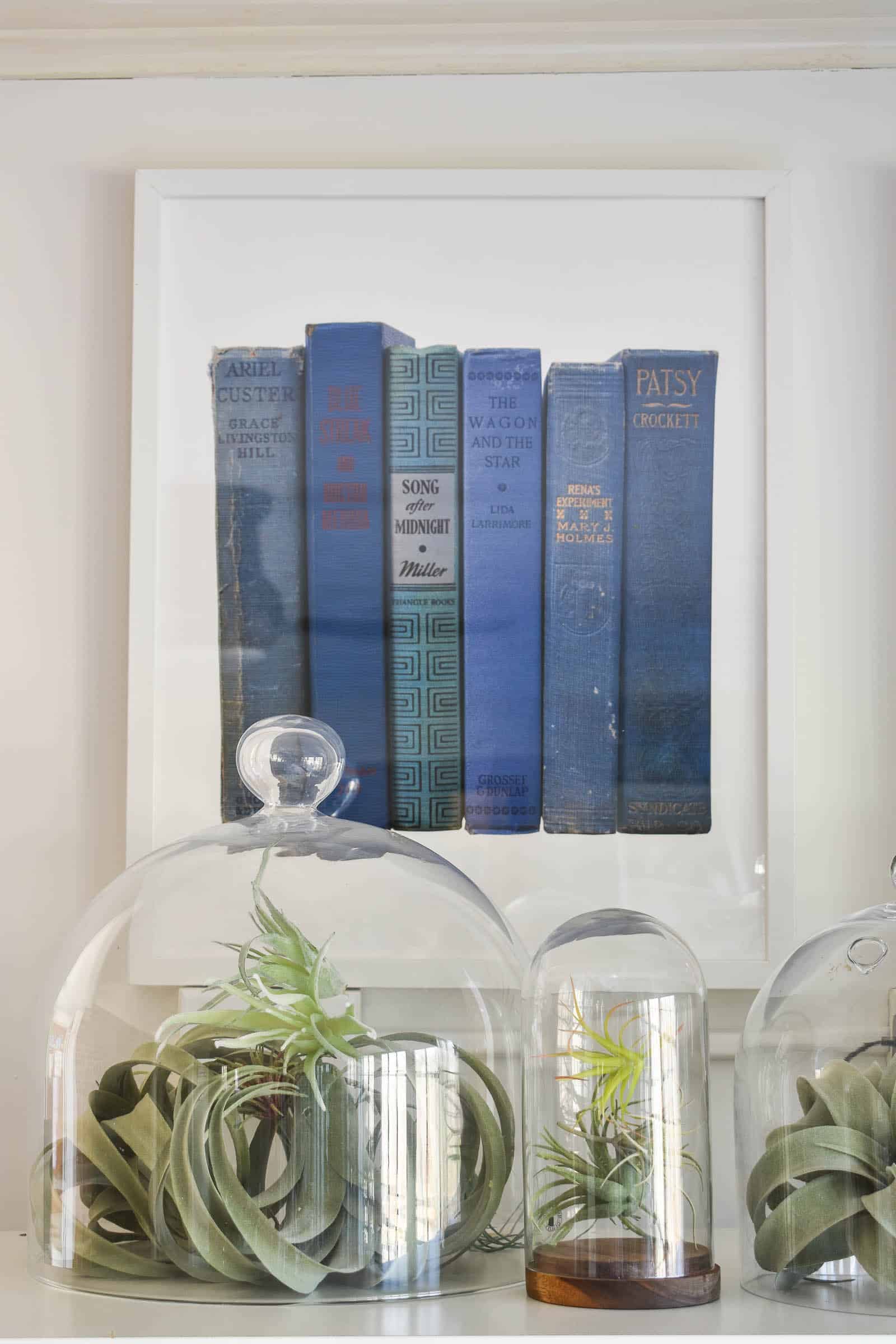 minted prints above storage shelf