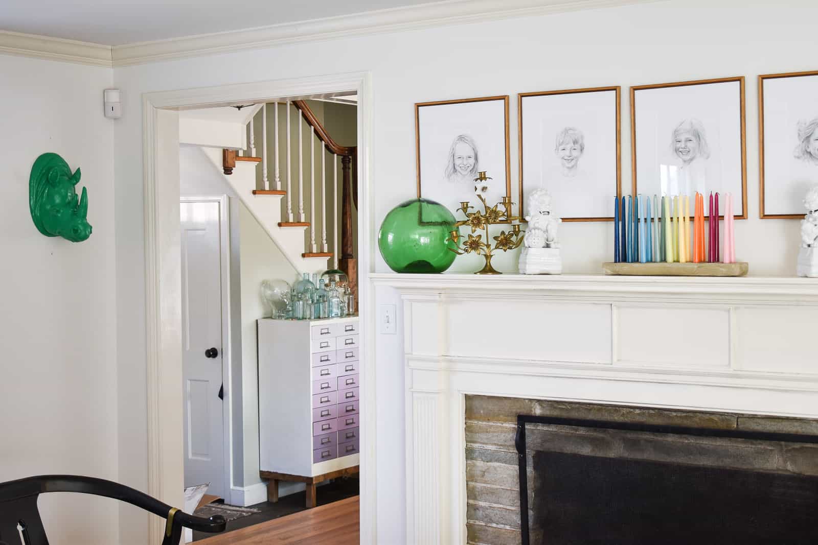 green rhinoceros head in living room