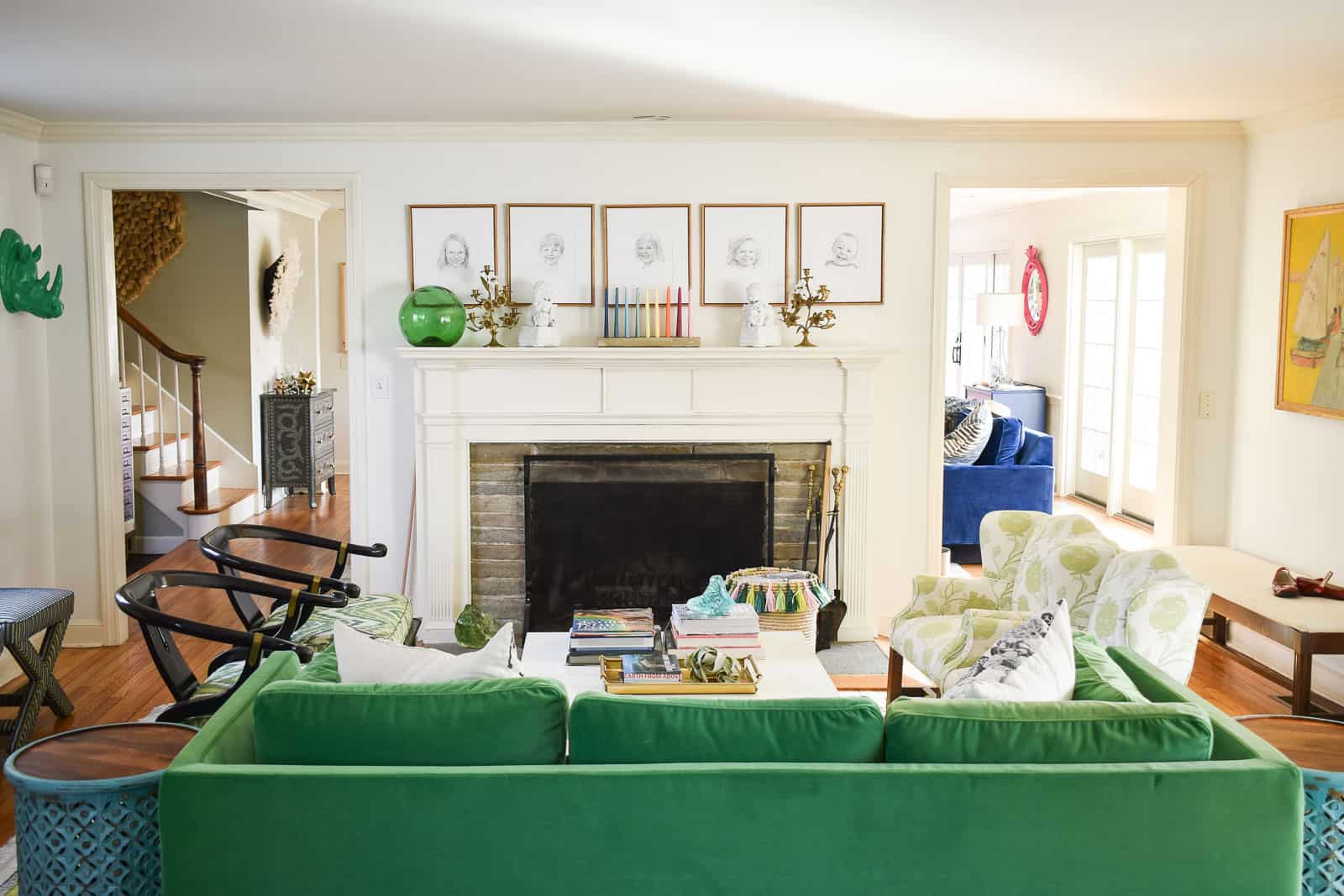 mantel in living room with colorful decor