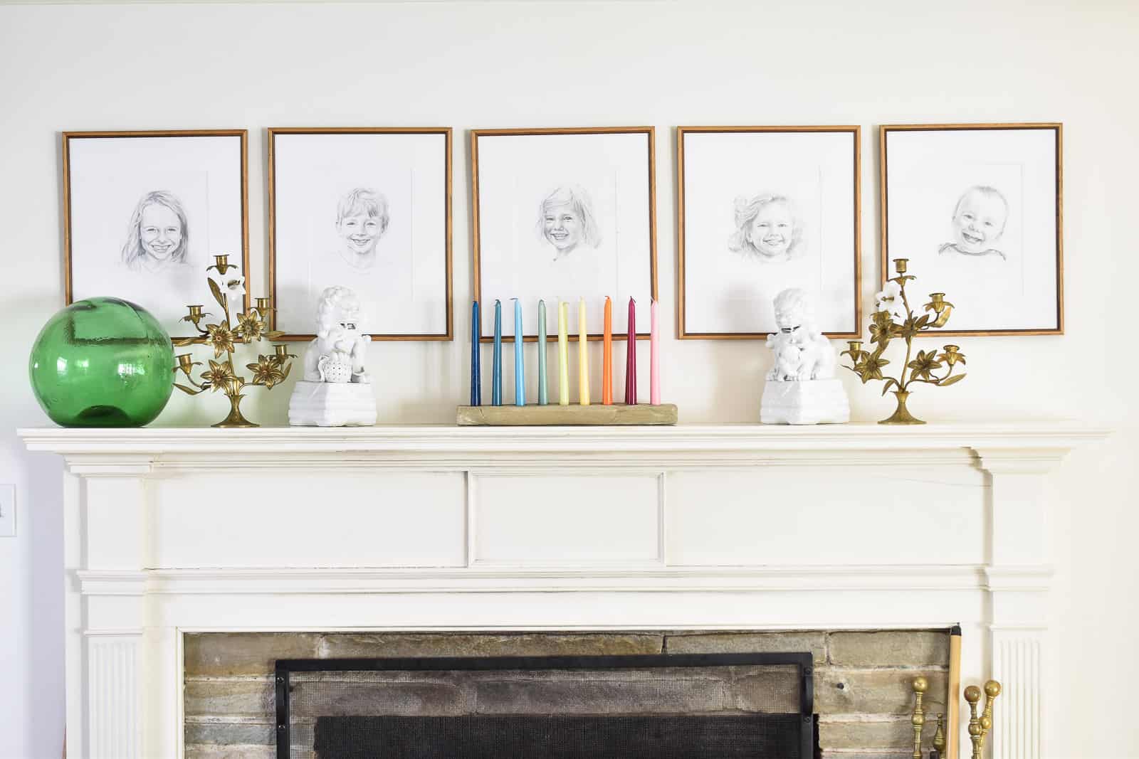 mantel with rainbow candle arrangement