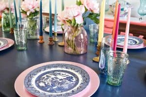 pink and blue dishes for spring table