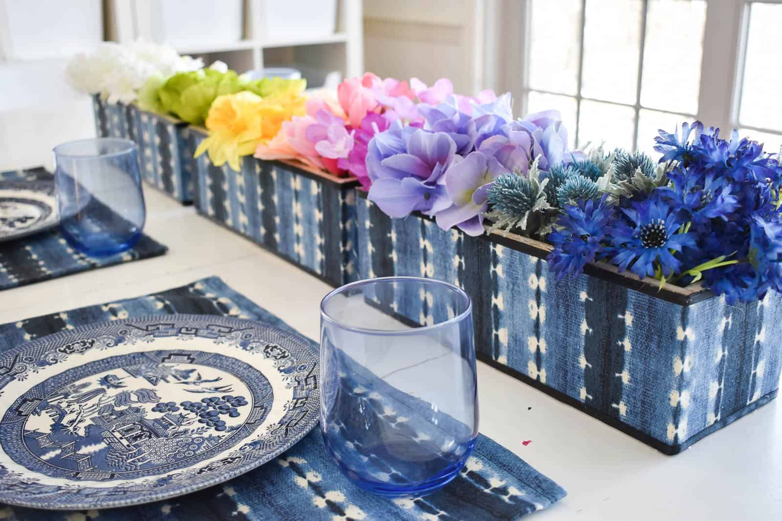 rainbow florals with indigo table setting