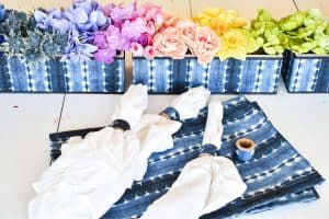 how to make indigo planter, placemats, napkin rings, and a rainbow floral arrangement