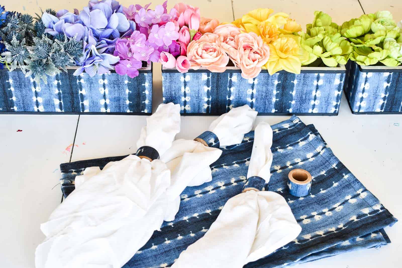 how to make indigo planter, placemats, napkin rings, and a rainbow floral arrangement