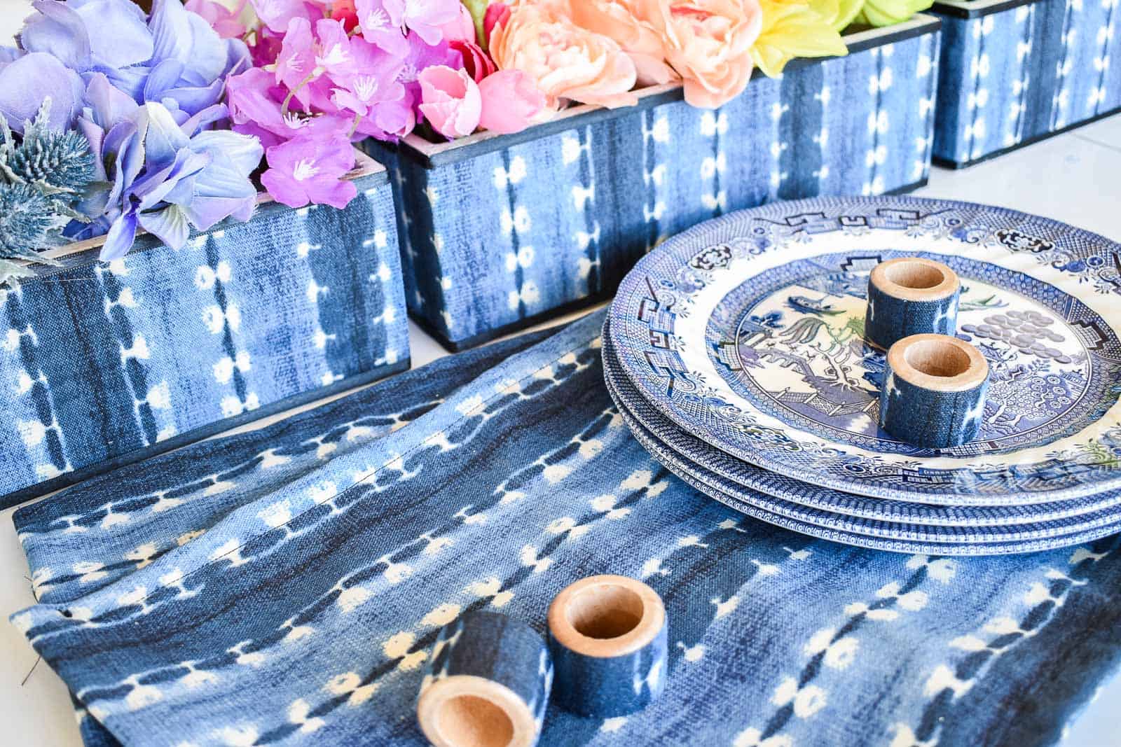 rainbow florals with indigo table setting