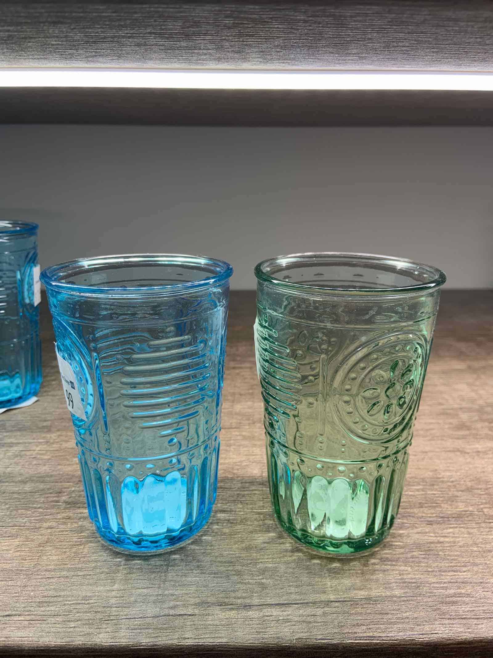 blue and green glassware