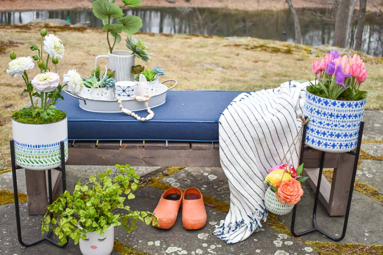 decorative spring planters outside