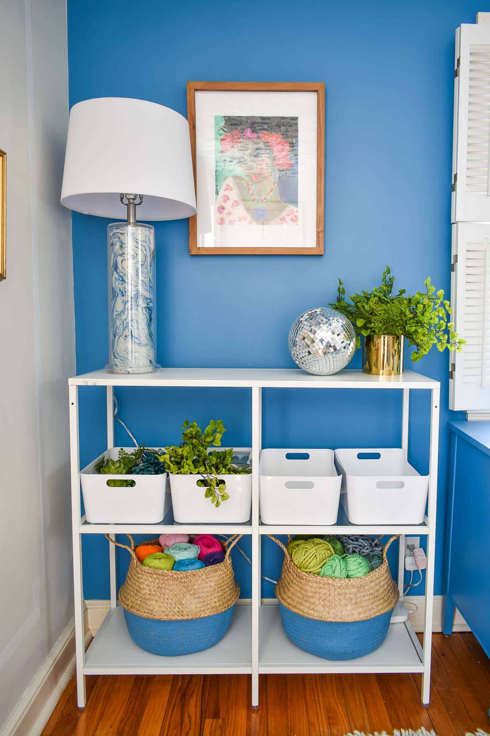 painted baskets in colorful office