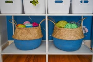painted storage baskets in colorful office