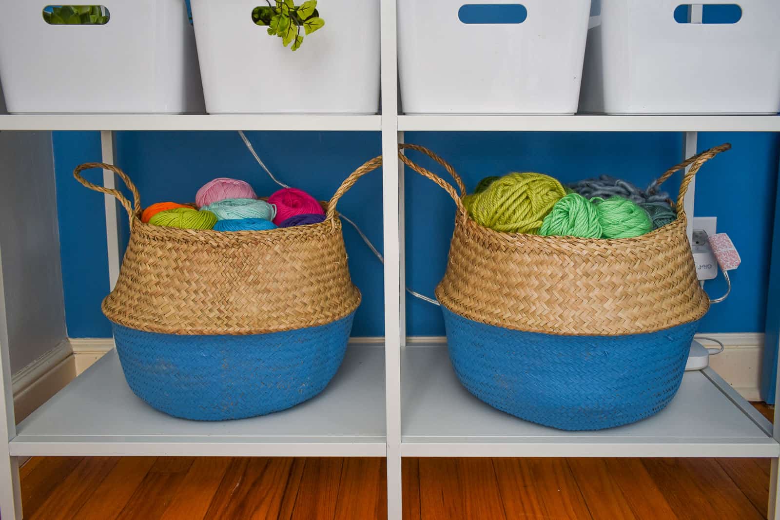 painted storage baskets in colorful office