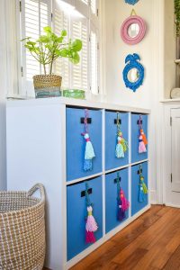 colorful blue storage cubes with DIY tassels