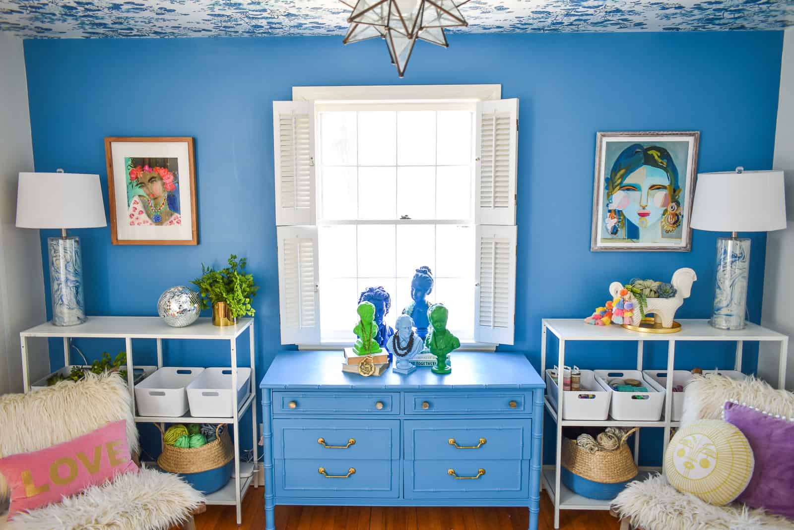 blue dresser in paintover challenge office