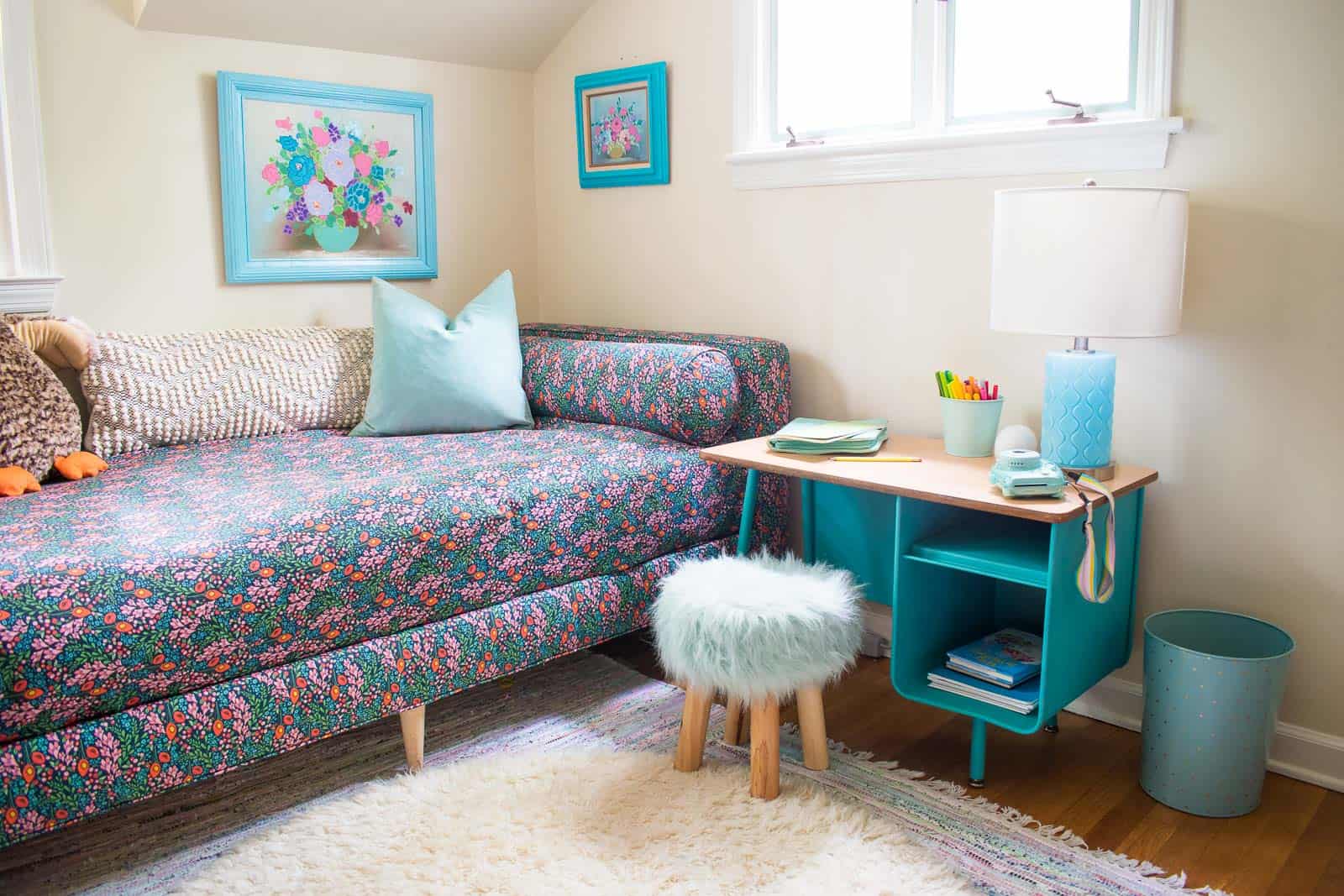 painted blue desk in kids room