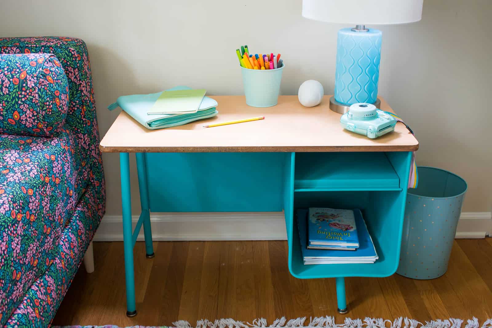 blue painted desk in girls room