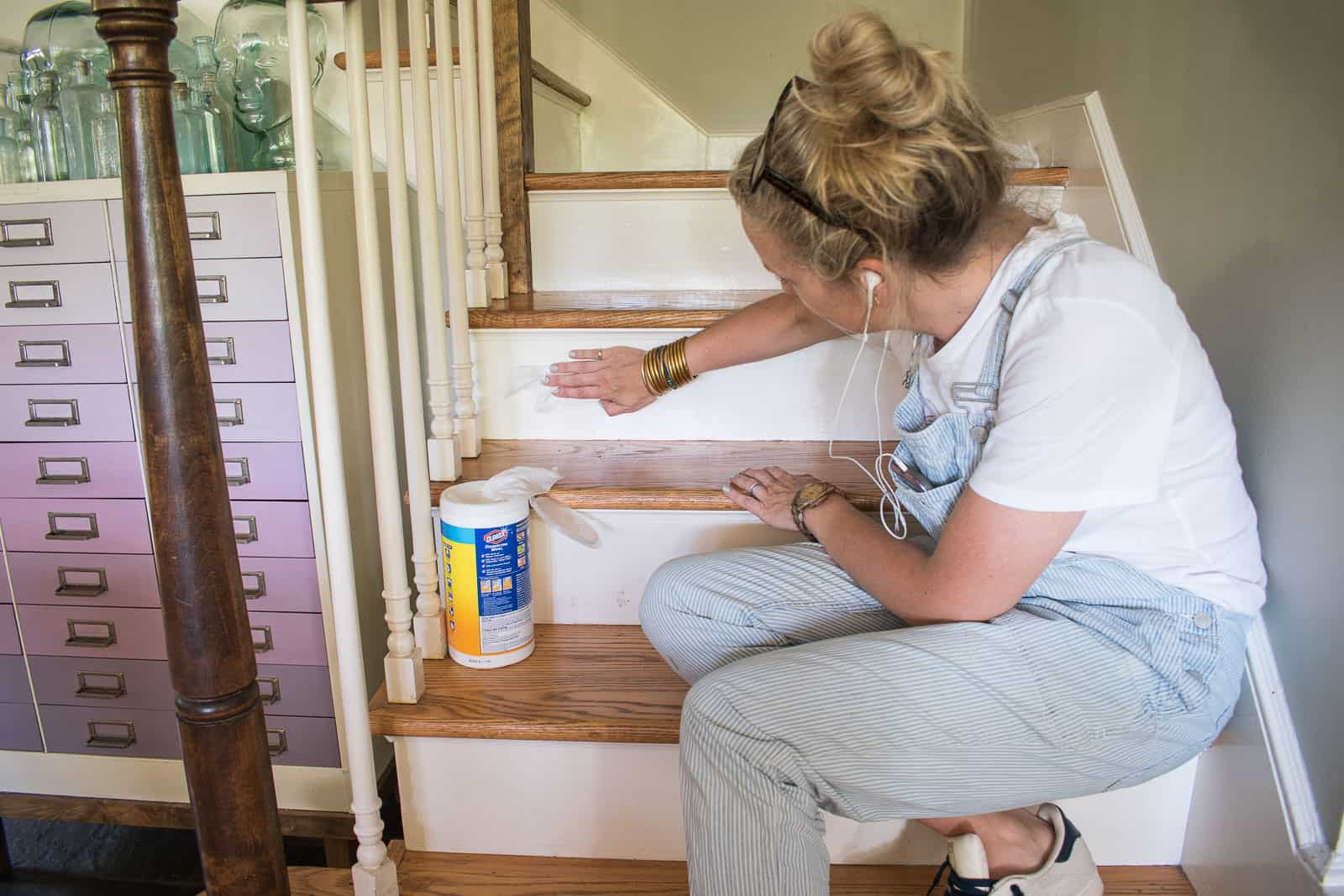 cleaning each stair riser