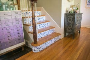 decorative staircase risers with wallpaper