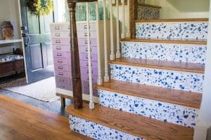decorative stair risers with wallpaper