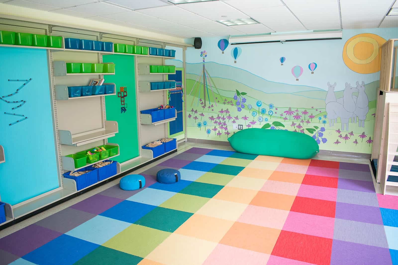 colorful carpet tiles in library classroom