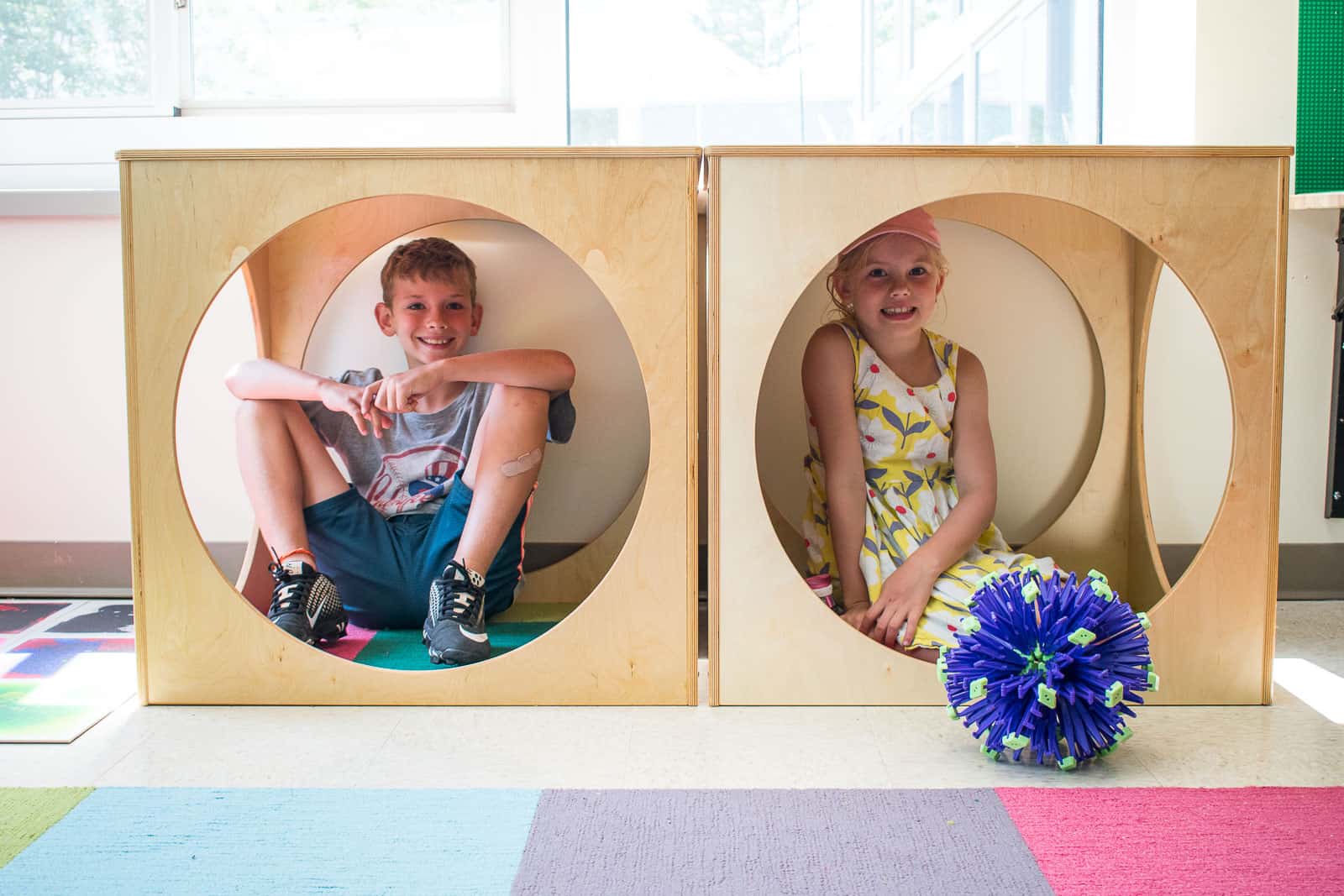 wooden cube reading nooks in classroom library