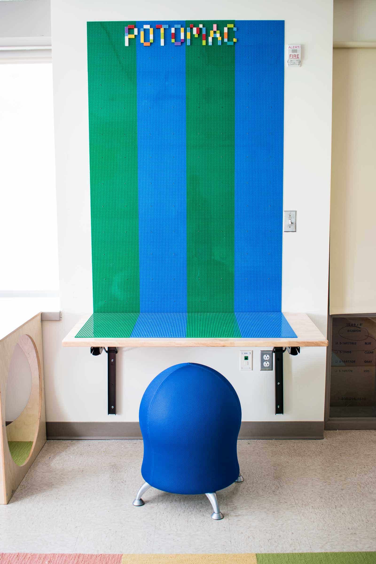 vertical lego wall in library classroom