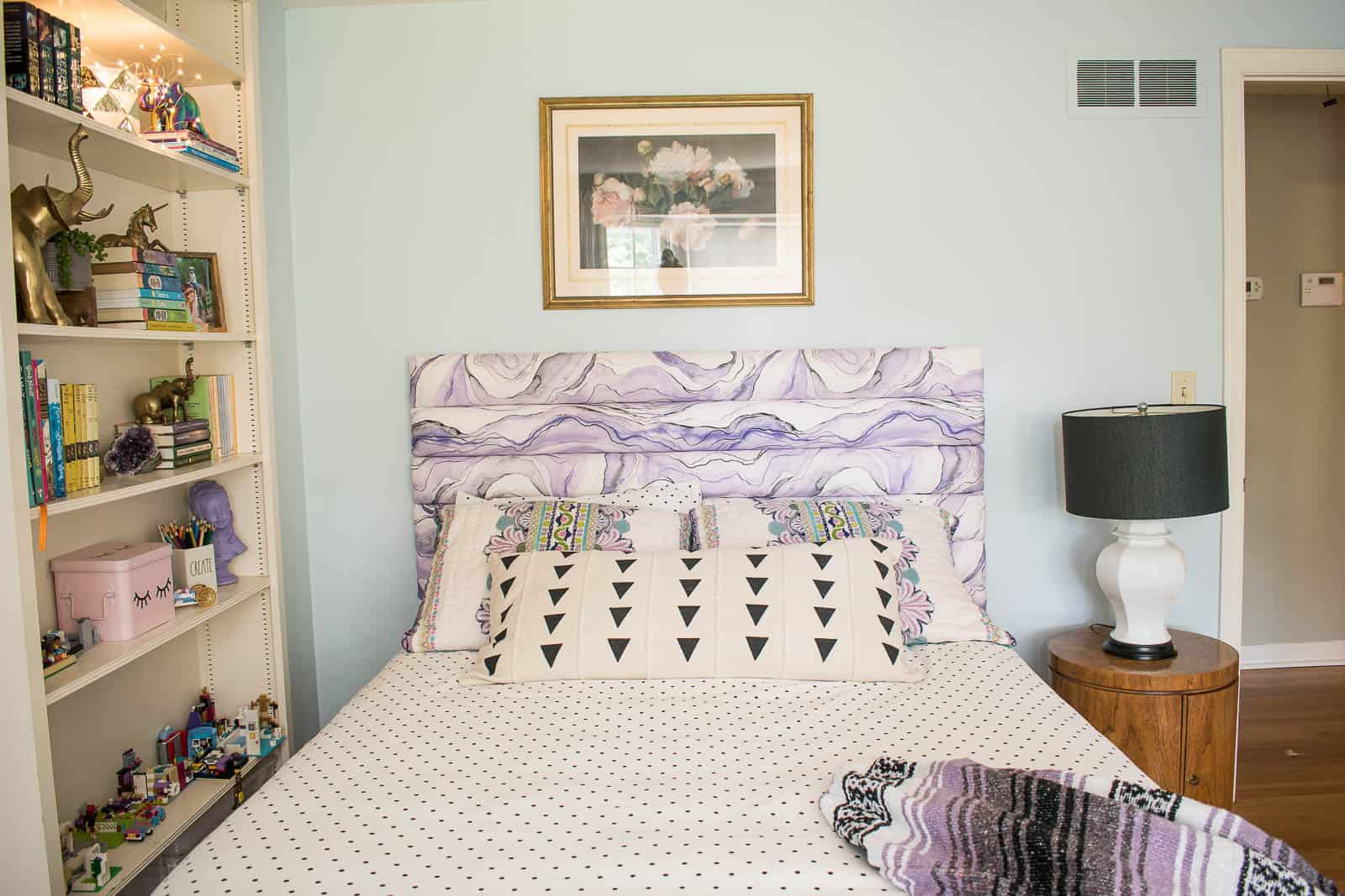 upholstered purple headboard