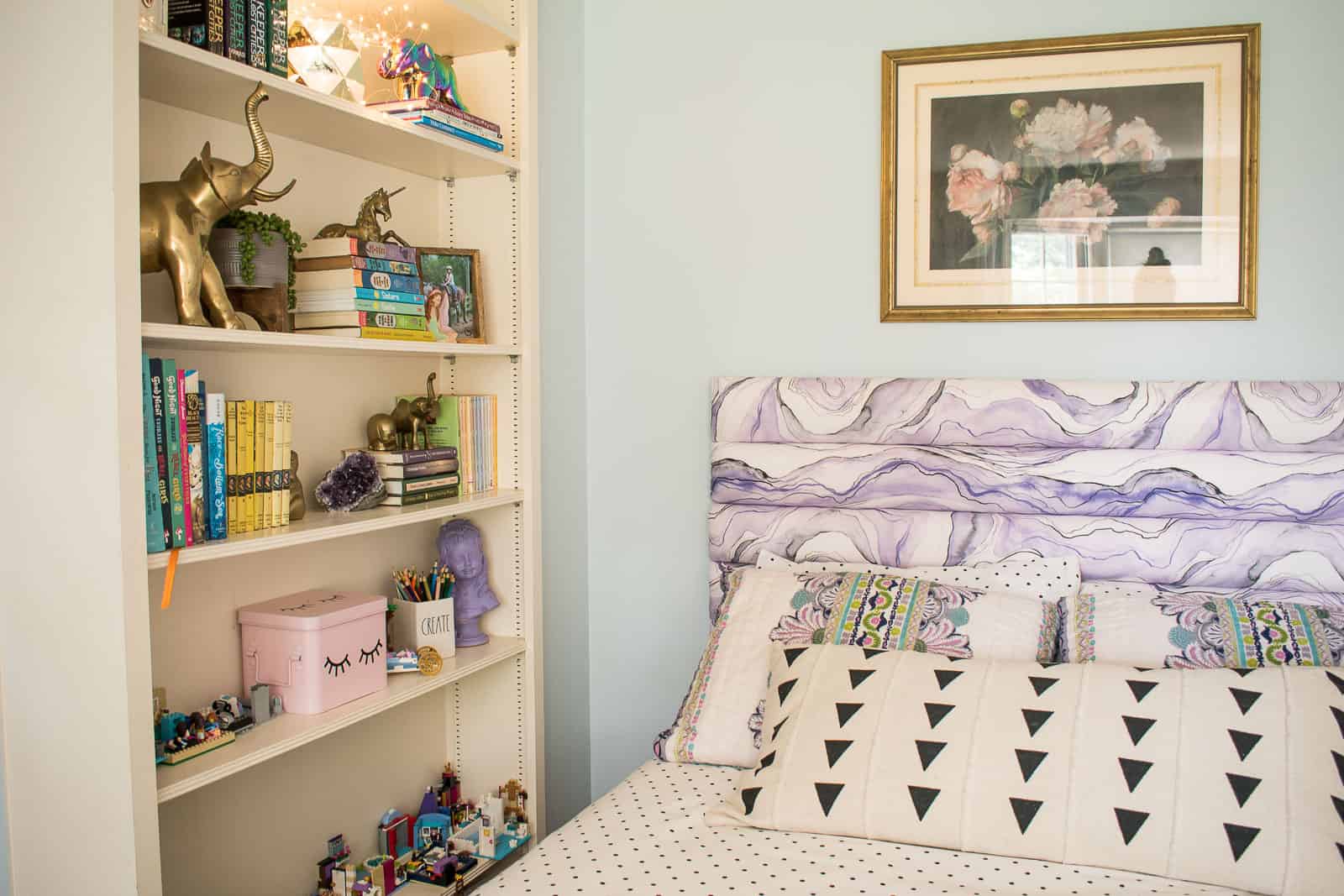 purple tufted headboard