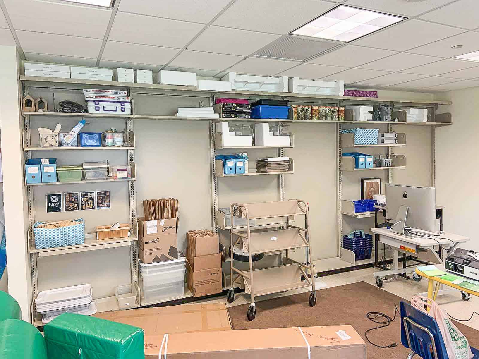 shelves in classroom before makeover