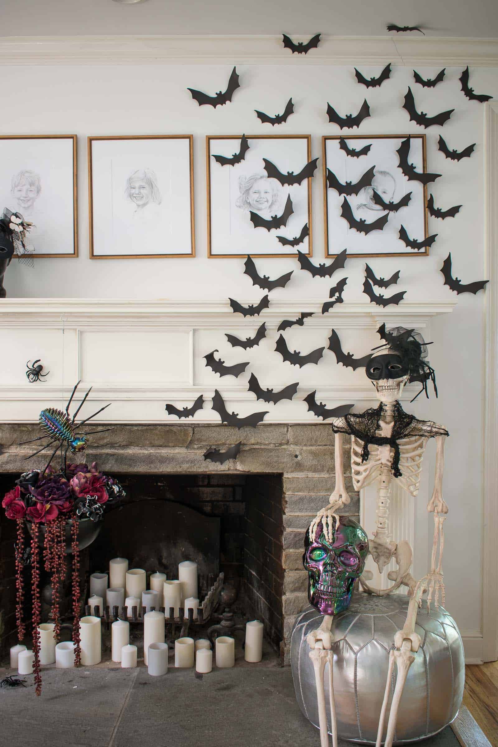 paper bats on halloween mantel