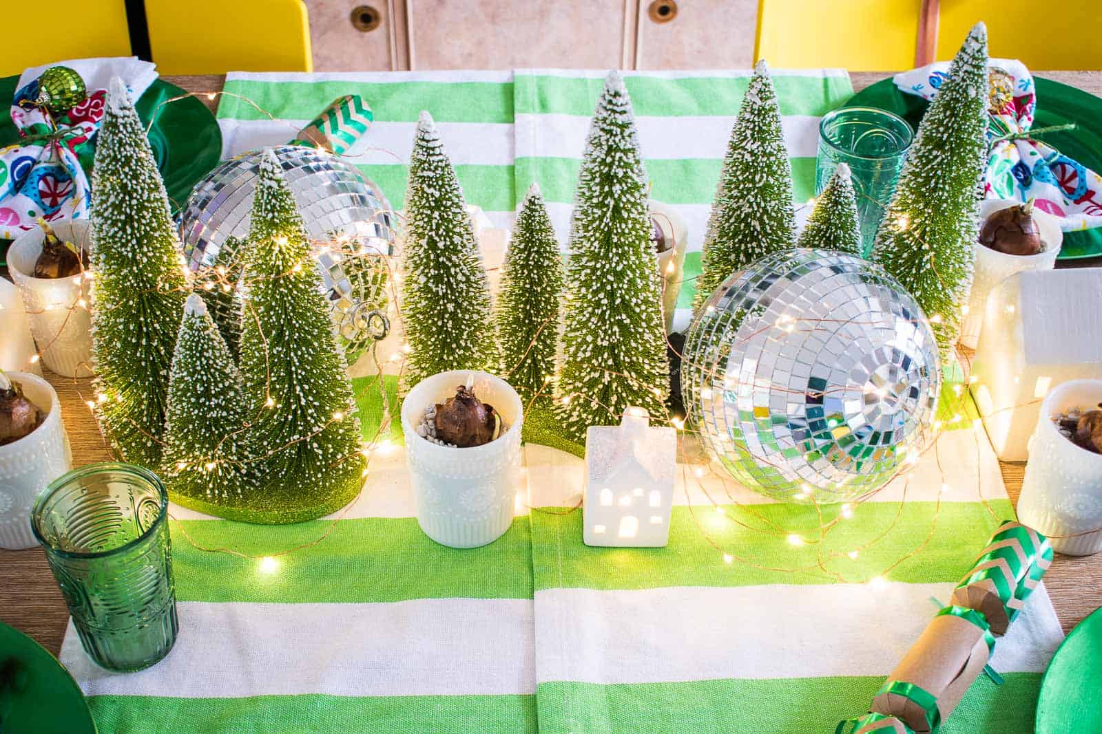 bottle brush trees in table centerpiece