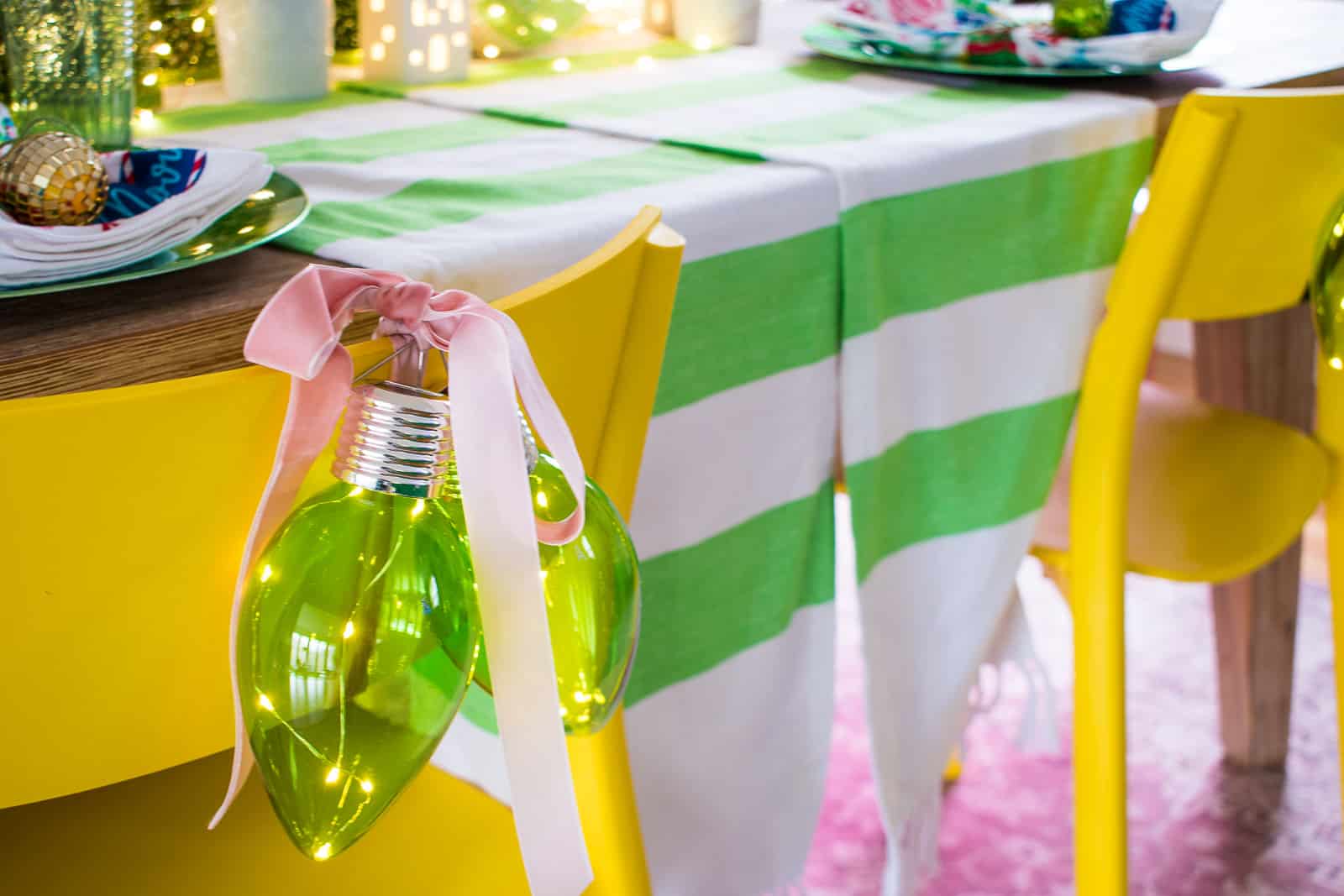 christmas lights tied to chairs