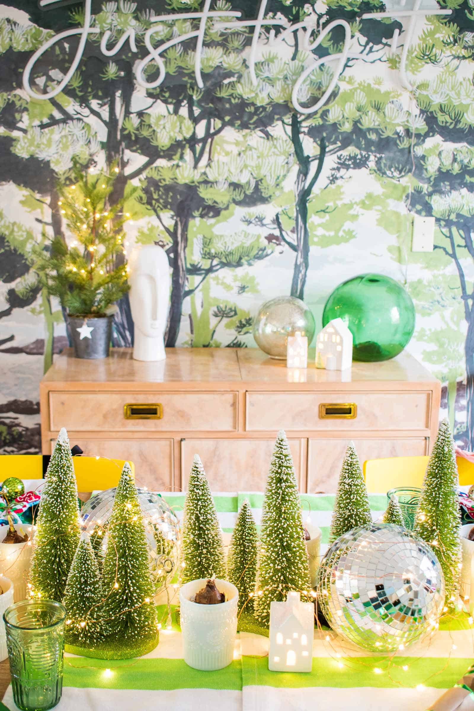 christmas centerpiece with bottle brush trees
