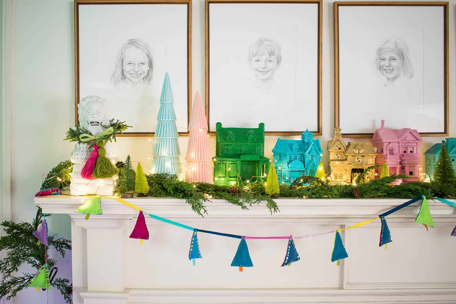 colorful painted houses on the mantel