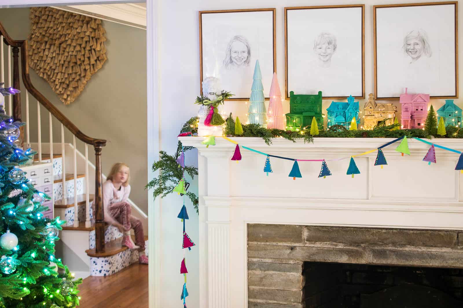 ceramic trees on christmas mantel