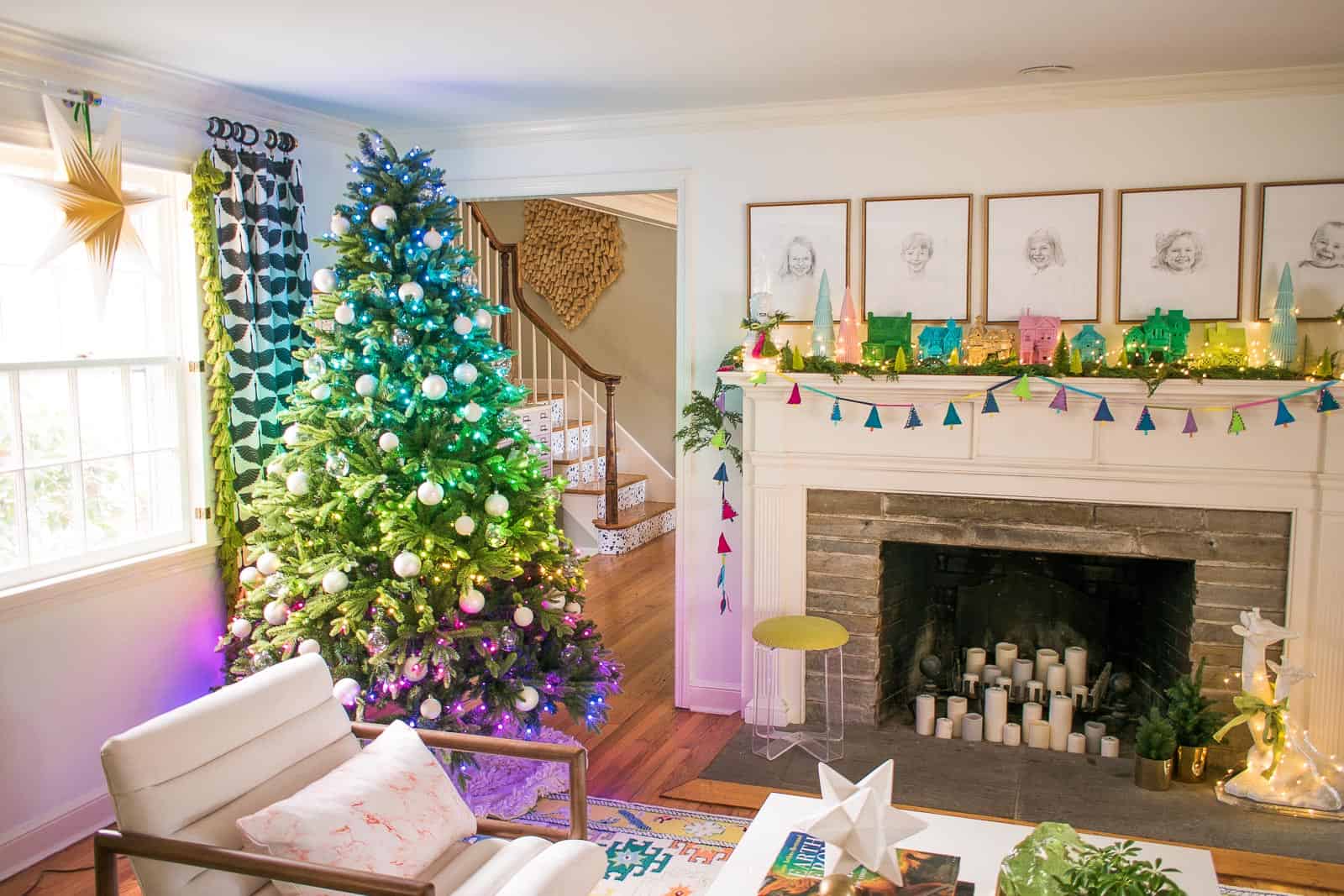 Rainbow Mantel And Christmas Tree With Colored Lights At