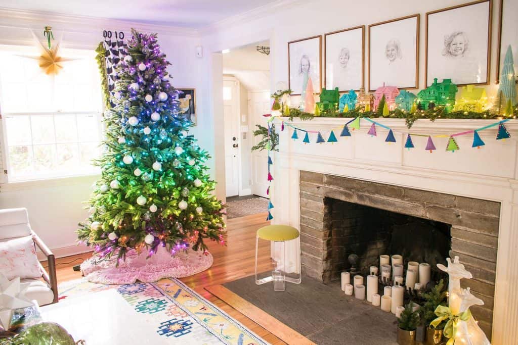 Rainbow Mantel and Christmas Tree with Colored Lights At Charlotte's